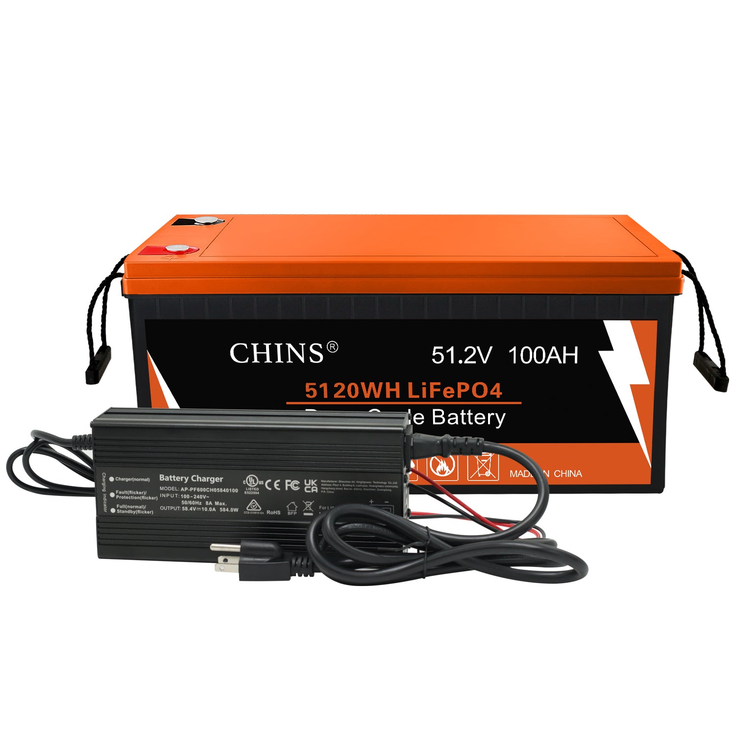 CHINS 100AH Smart 48V LiFePO4 Lithium Bluetooth Battery w/ Built-in 100A BMS