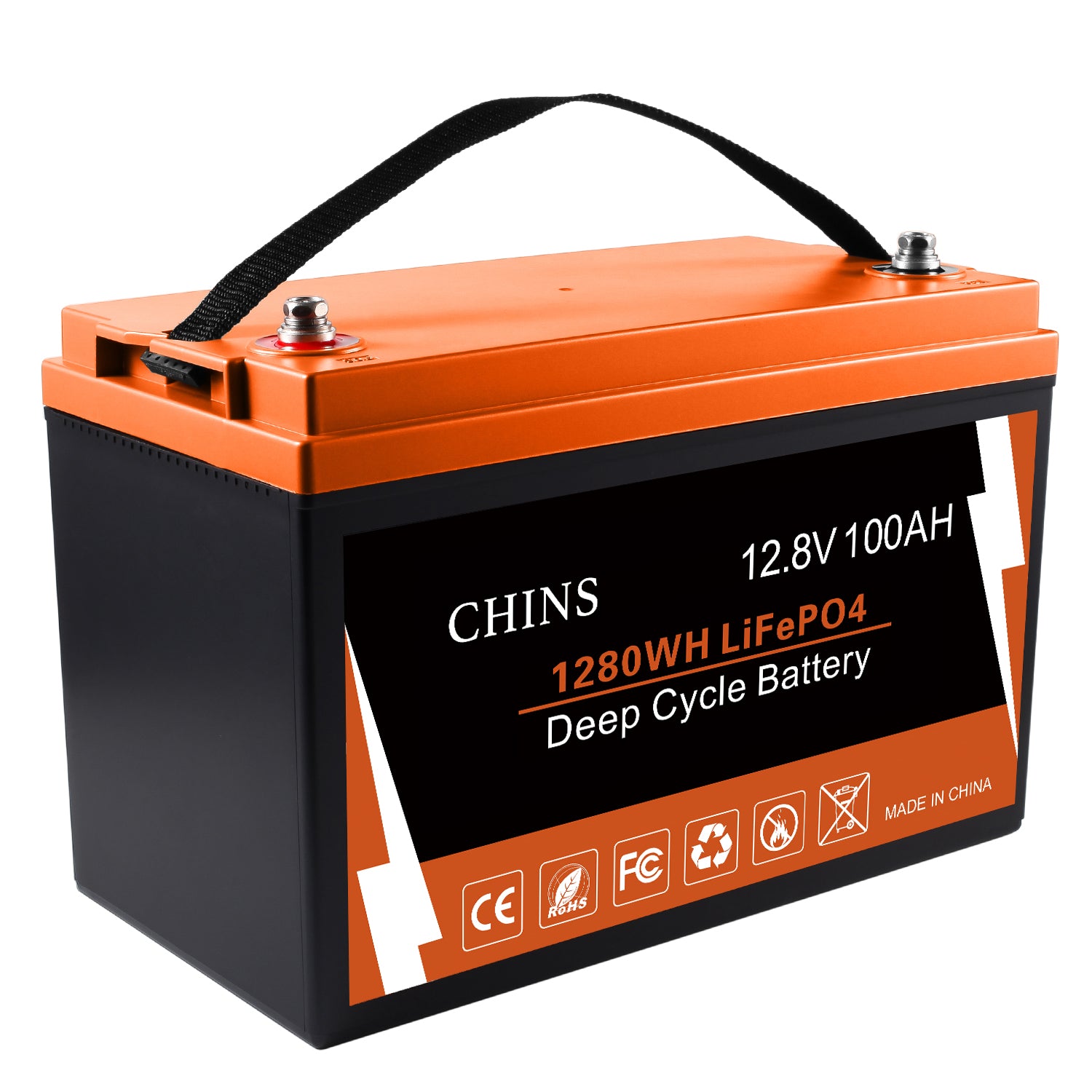 CHINS Smart 12.8V 100AH Lithium Battery, Support Low Temperature Charging  (-31°F), Built-in 100A BMS, 2000+ Cycles, Mobile Phone APP Monitors Battery