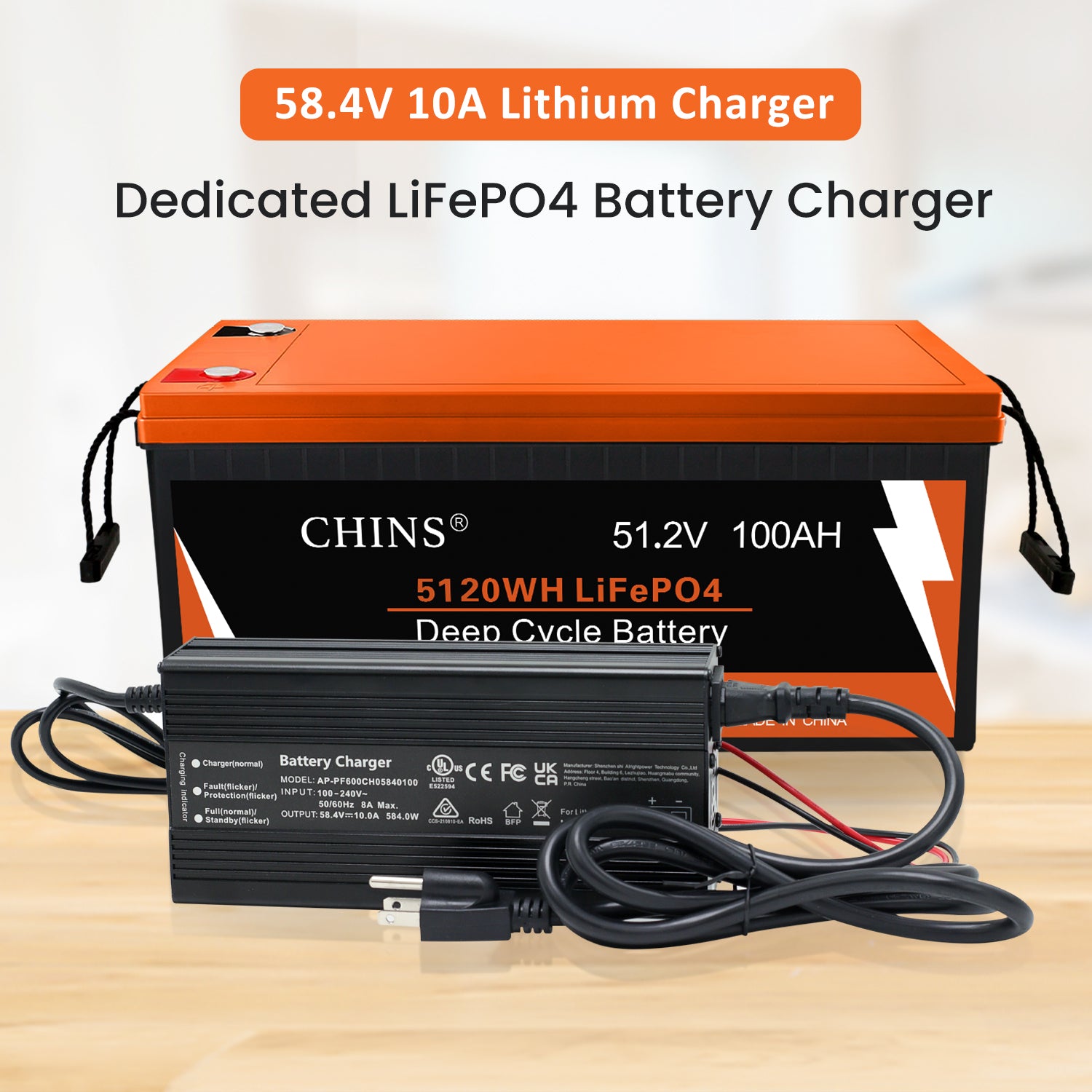 CHINS Bluetooth LiFePO4 Smart 48V 100AH Lithium Battery+48V 10A