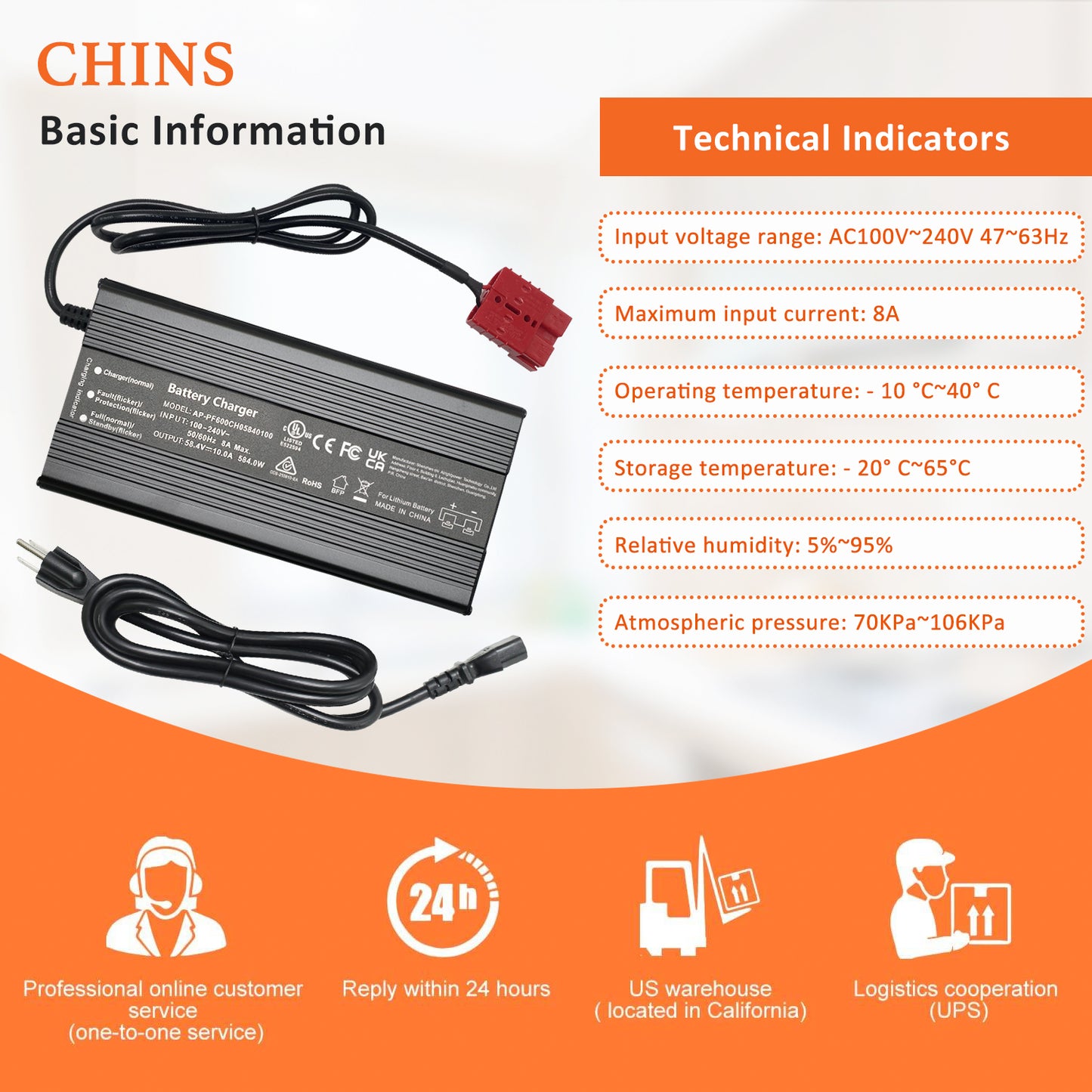 CHINS 48V 10A Lithium Battery Charger, Including UL Certification and 0V Charging Function, 58.4V 10A LiFePO4 Battery Charger, Special for 48V LiFePO4 Battery