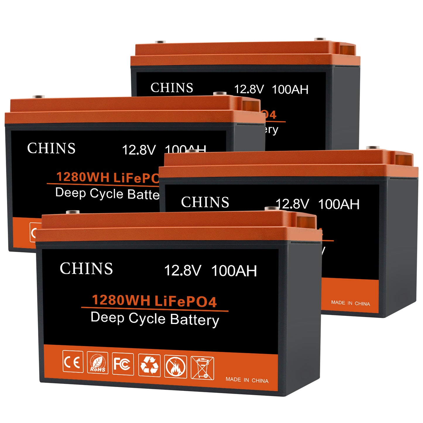 CHINS 12V 100AH Lifepo4 Battery,Support Low-temperature cut-off function,Perfect for Golf Cart, Trolling Motor, Marine(4PCS)