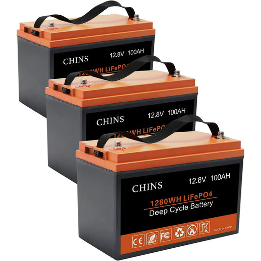 3 Pack CHINS LiFePO4 12V 100AH Lithium Iron Battery Built-in 100A BMS, 3000+ Rechargeable Cycles