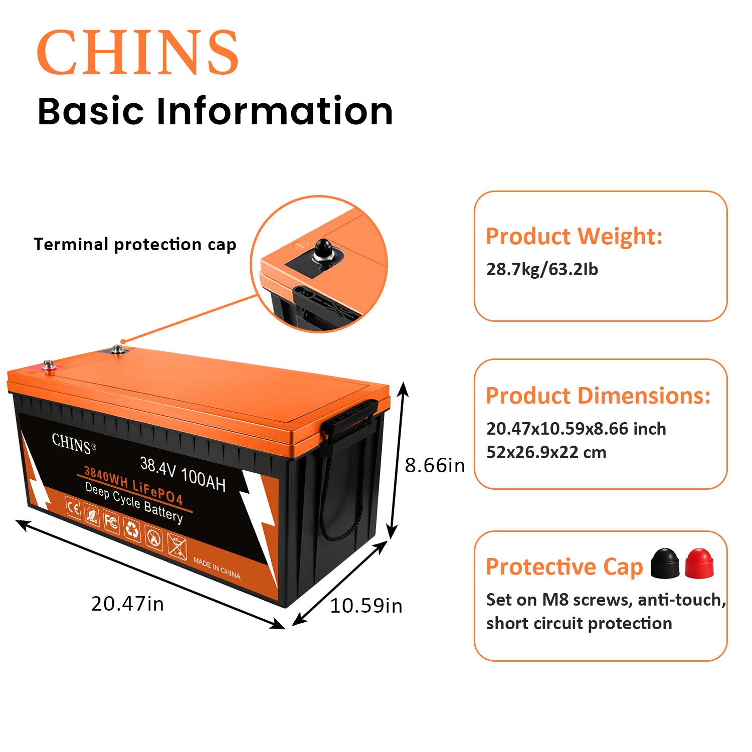 CHINS Bluetooth LiFePO4 Battery 36V 100AH Lithium Battery Perfect