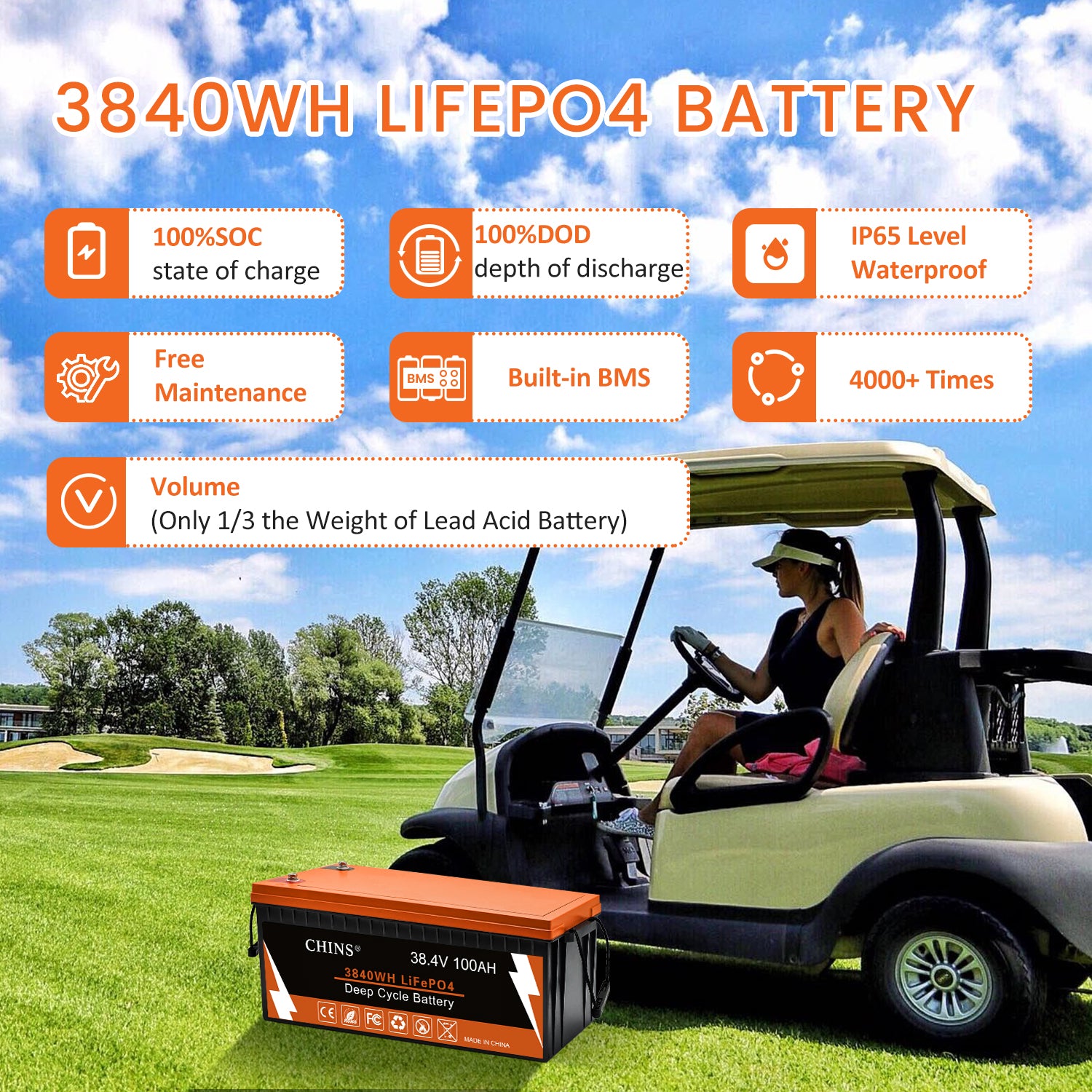 Cenerius 36V 100Ah LiFePO4 Lithium Battery with Bluetooth, Built