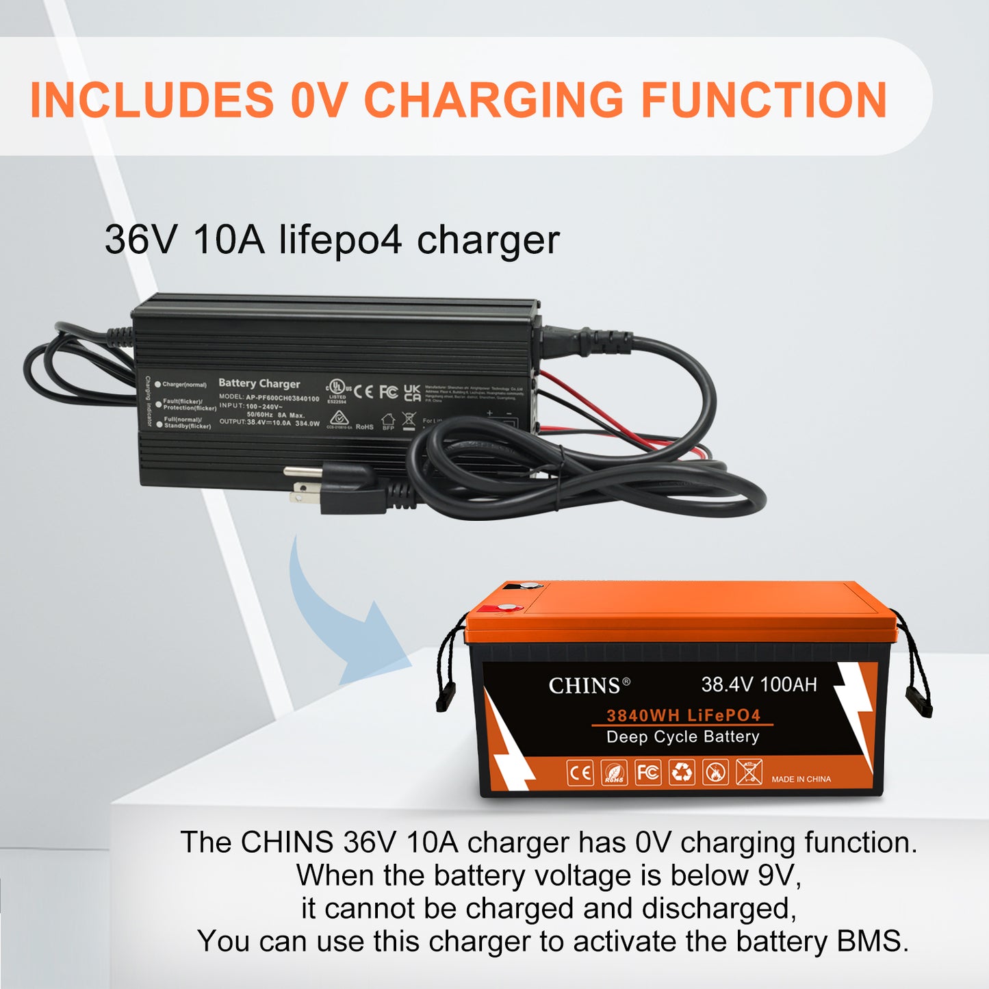 CHINS Bluetooth LiFePO4 Smart 36V 100AH Lithium Battery+ 36V 10A Lithium Battery Charger for Golf Cart, Trolling Motor, Marine, Peak Current 500A