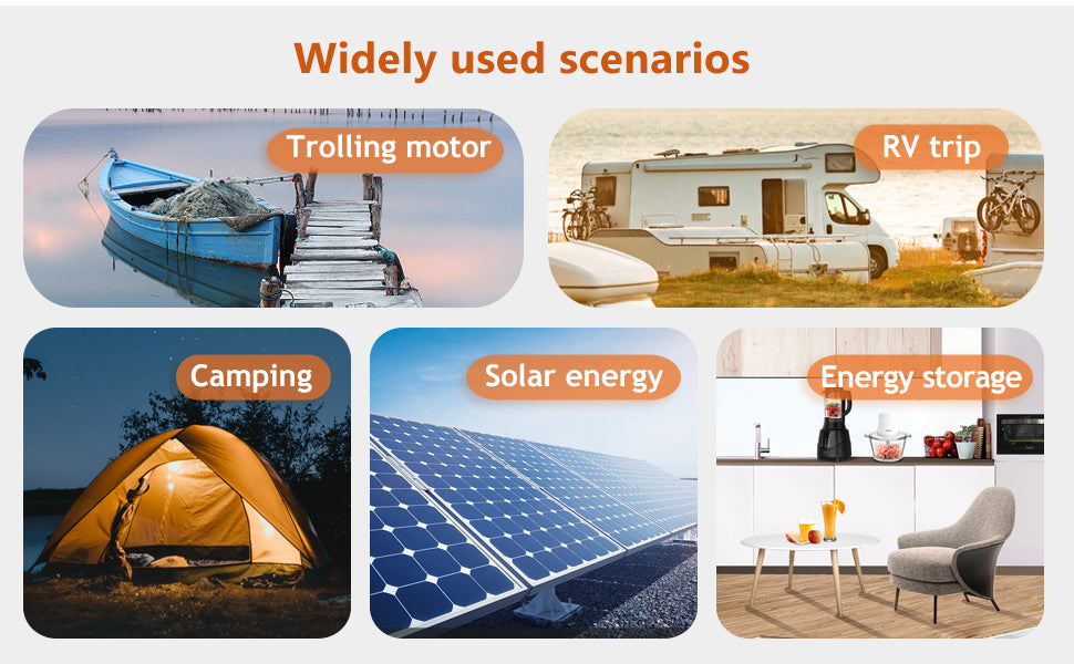 Can be applied to home energy storage, camping, RV travel, trolling motors, solar power, etc.