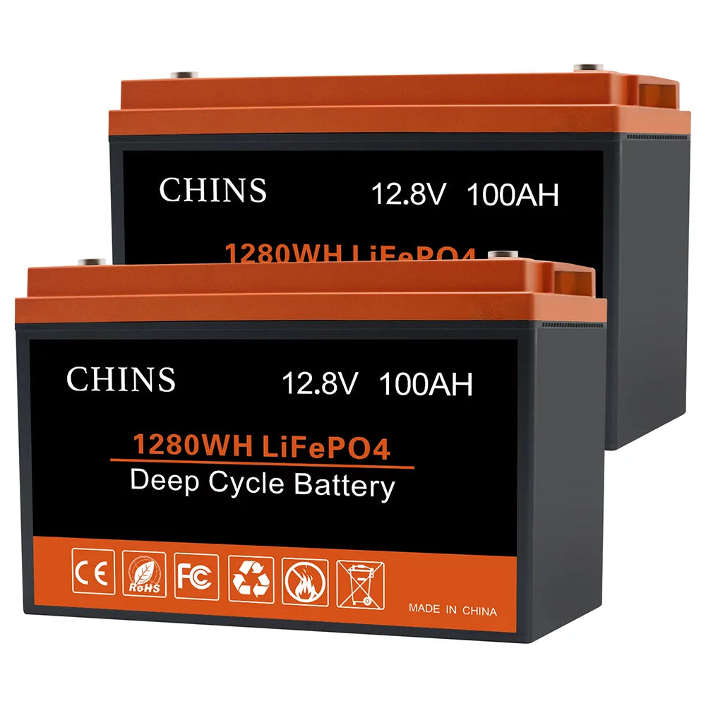 CHINS 2Pack LiFePO4 12V 100AH Lithium Iron Battery Built-in 100A BMS for RV