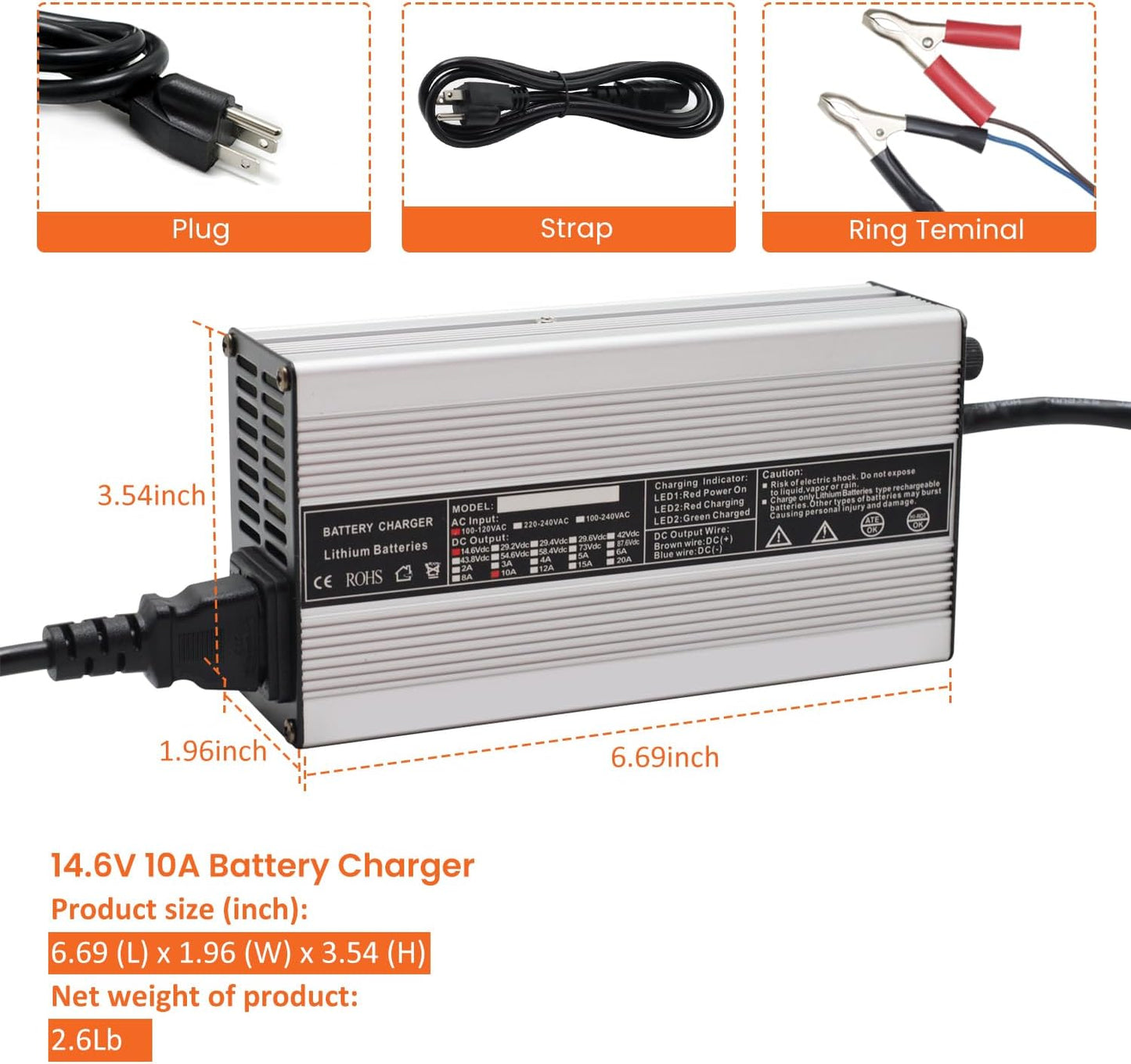 CHINS 12V 10A Lithium Battery Charger, Including 0V Charging Function, 14.6V 10A LiFePO4 Battery Charger, Special for 12V LiFePO4 Battery