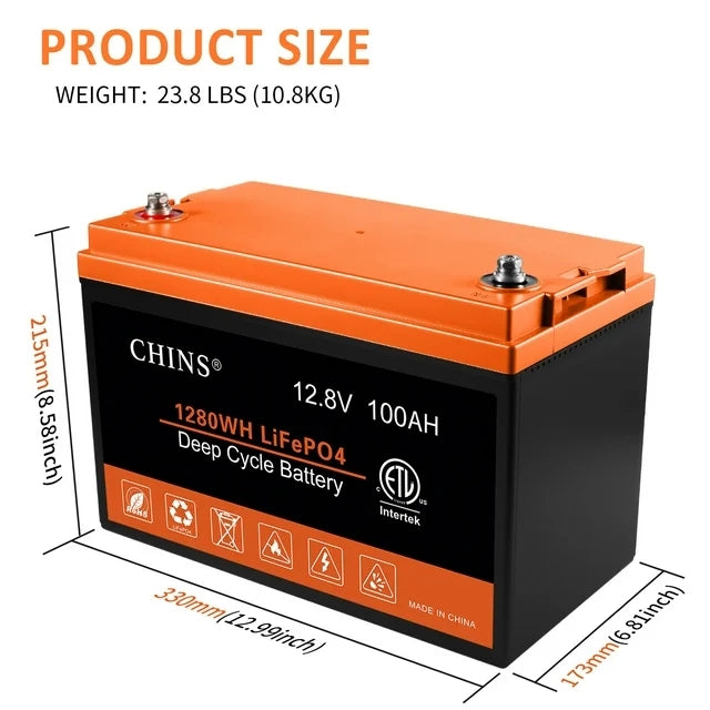 CHINS 100AH Lithium Battery 12V LiFePO4 Built 100A BMS for Golf Cart UL certification