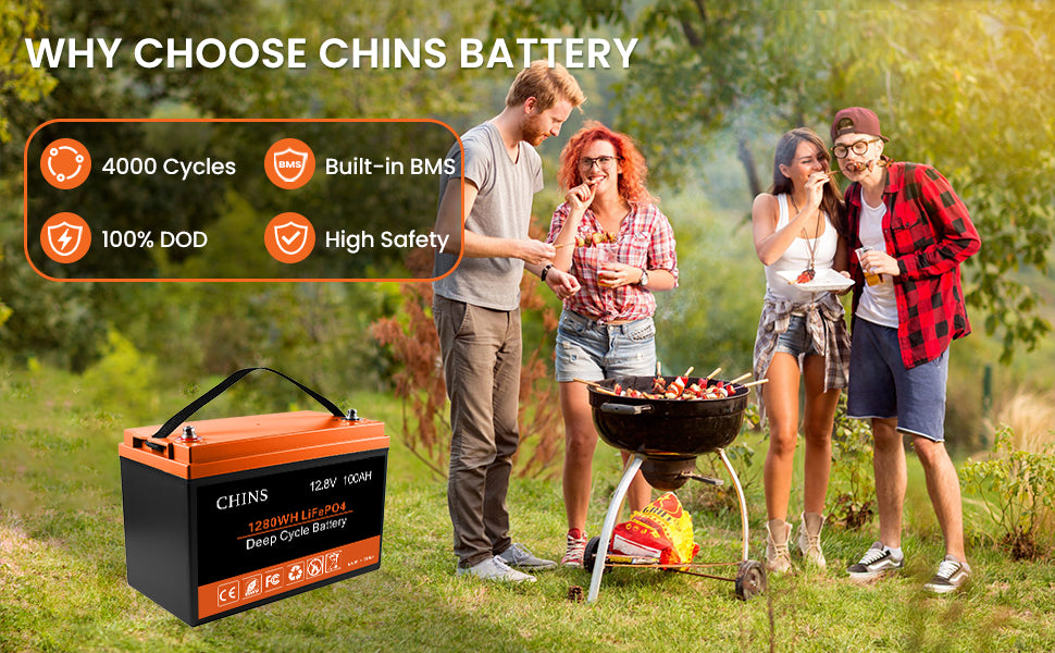 CHINS 5 PCS CHINS LiFePO4 12V 100AH Lithium iron Battery Built-in 100A BMS, Perfect for Replacing Most of Backup Power, Home Energy Storage and Off-Grid etc.