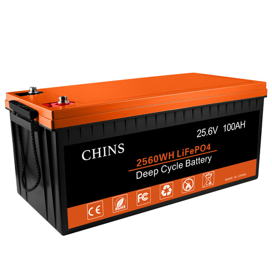 CHINS 24V 100Ah Lithium Battery, Built-in 100A BMS, 2000+ Cycles, Each Battery Can Support 2560W Power Output