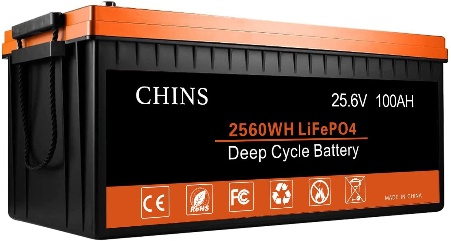 CHINS 24V 100Ah Lithium Battery, Built-in 100A BMS, 2000+ Cycles, Each Battery Can Support 2560W Power Output