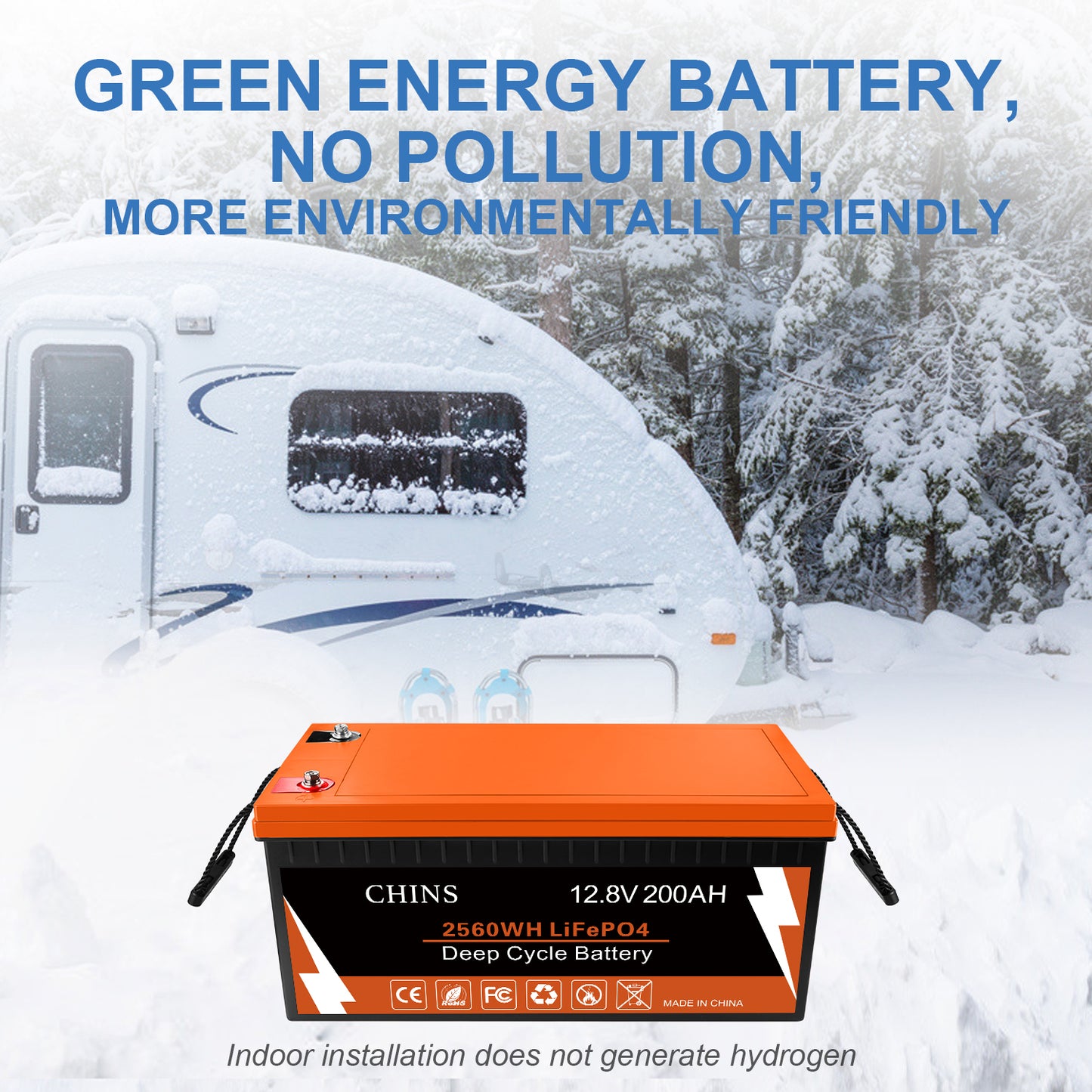 CHINS Smart 12.8V 200Ah LiFePO4 Lithium Battery, Support Low Temperature Charging (-31°F), Built-in 100A BMS, 2000+ Cycles, Mobile Phone APP Monitors Battery SOC Data