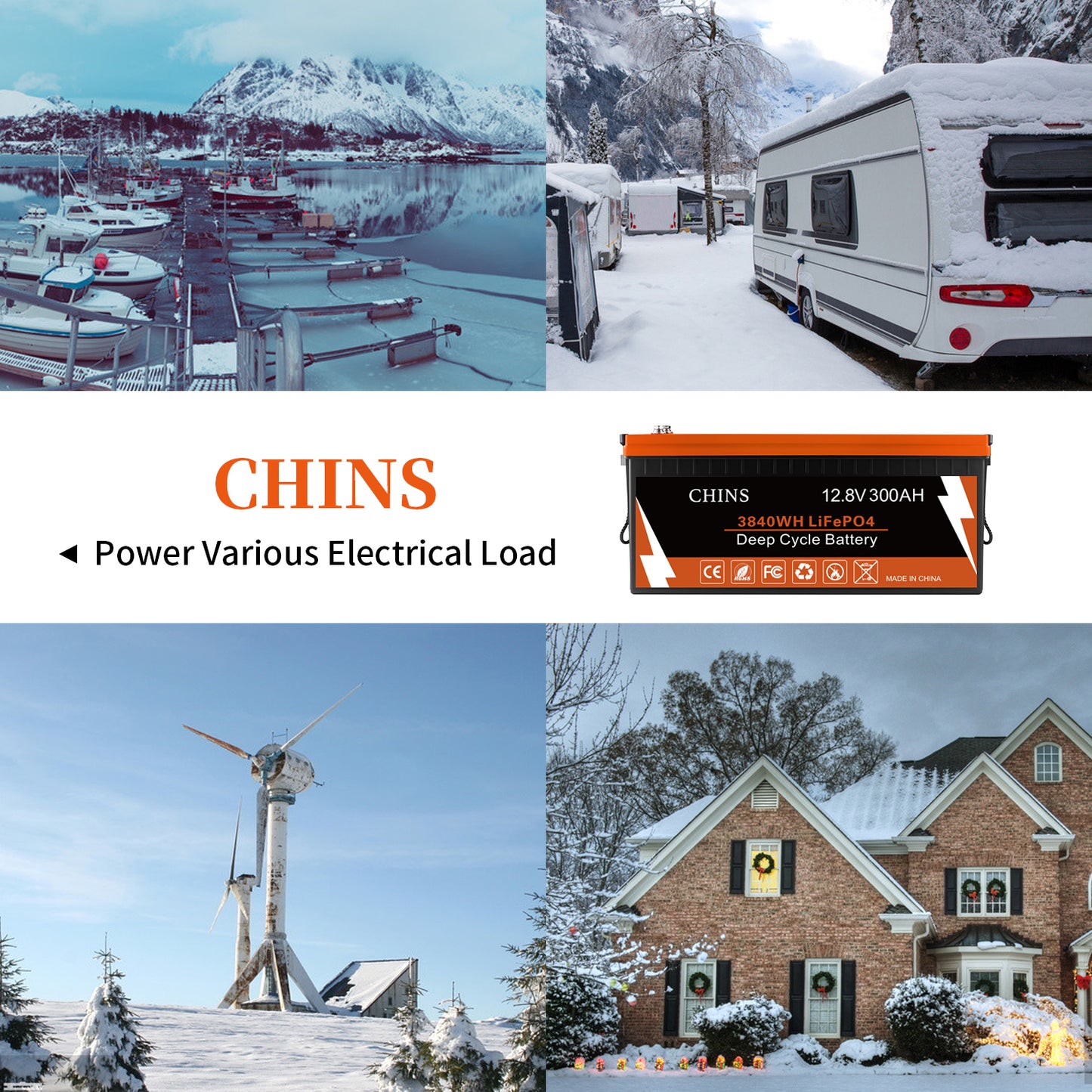 CHINS Smart 12.8V 300Ah LiFePO4 Battery, Support Low Temperature Charging (-31°F), Built-in 200A BMS, 2000+ Cycles, Mobile Phone APP Monitors Battery SOC Data