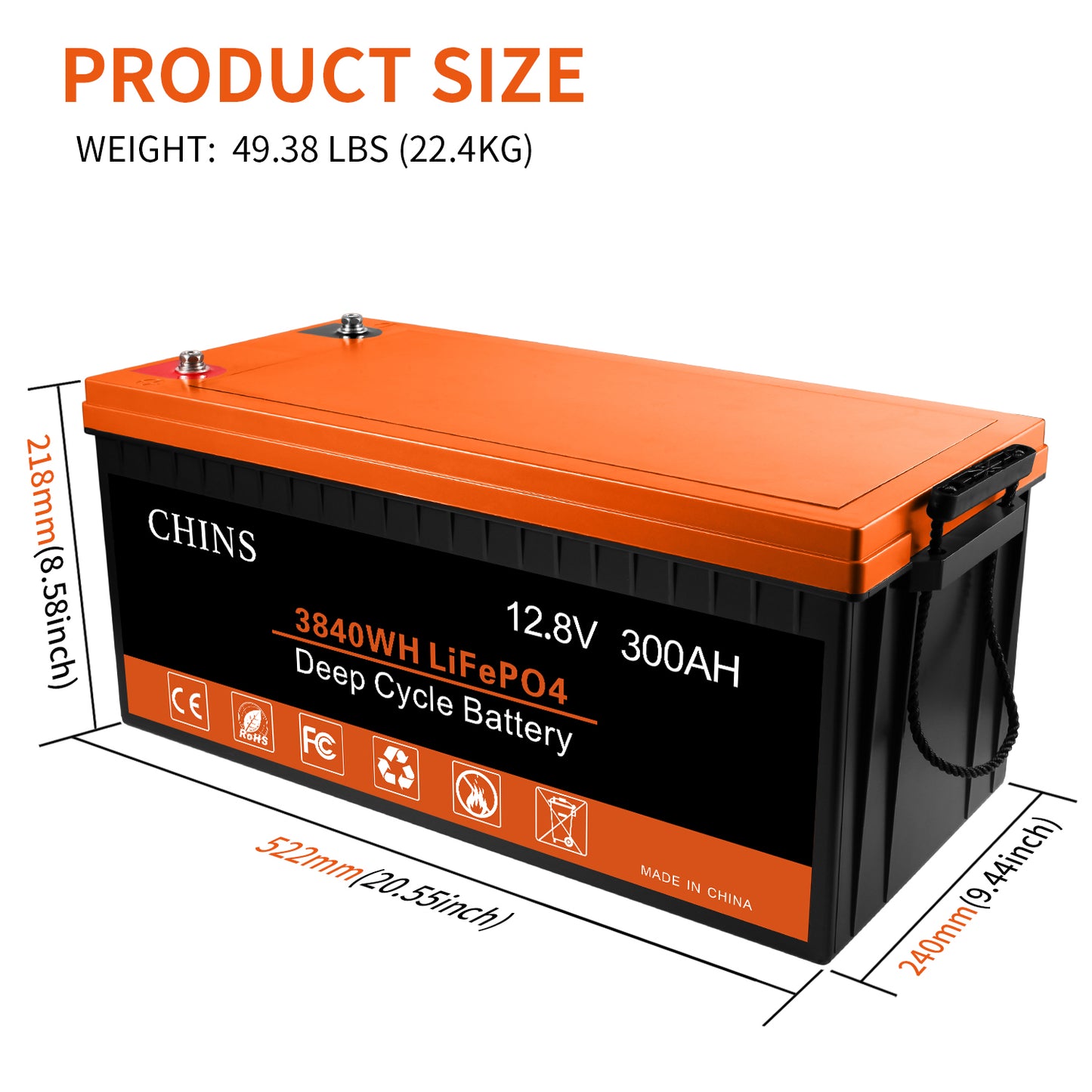 CHINS 12V 300Ah LiFePO4 Lithium Battery - Built-in 200A BMS, Perfect for Replacing Most of Backup Power, Home Energy Storage and Off-Grid etc.